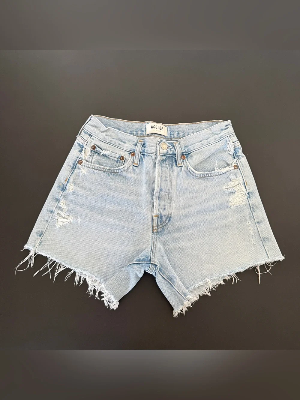 AGOLDE Parker Long Light Blue High-Rise Distressed Denim Shorts